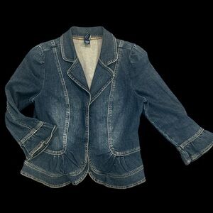 Coquette Denim Blazer Jacket Medium Romantic Puff Sleeve Flared Cuff Peplum Hem